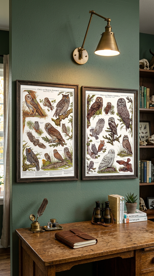 Owls Posters and Identification Charts Of North America Wall Art Print Set