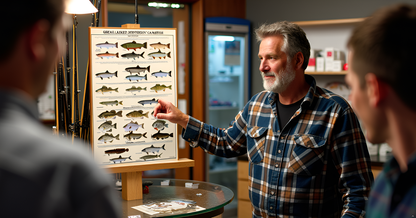 Man pointing at a Great Lakes fish ID chart 