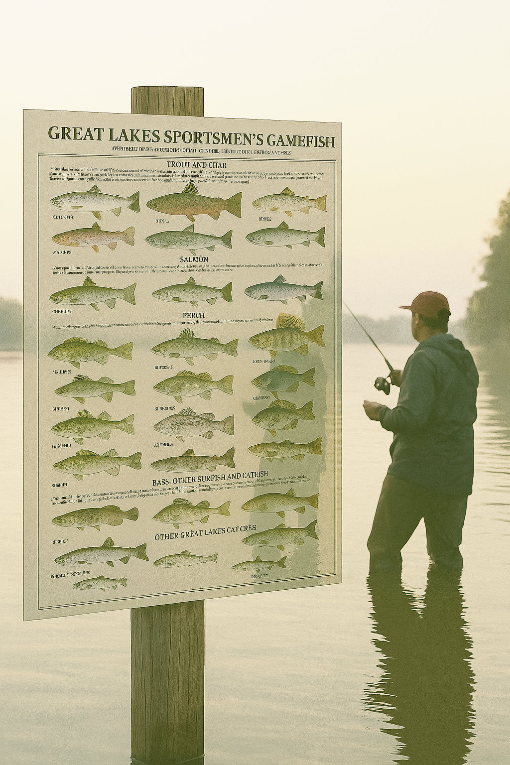 Man fishing by a sign detailing Great Lakes sportsmen's gamefish.
